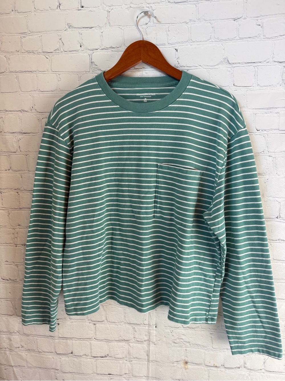 Abercrombie & Fitch Teal and White Striped Long Sleeve Pocket Tee